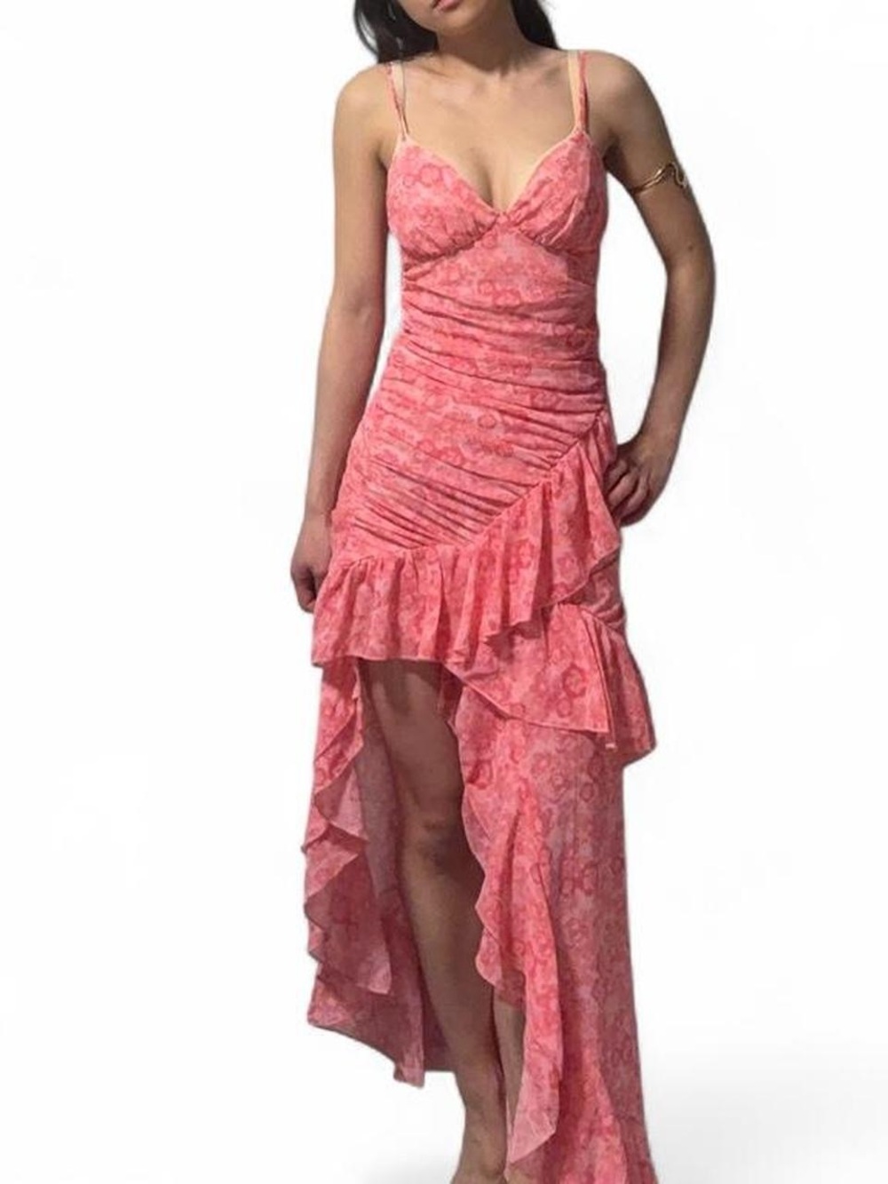 SHEIN Coral Pink Ruffled High-Low Slip Dress